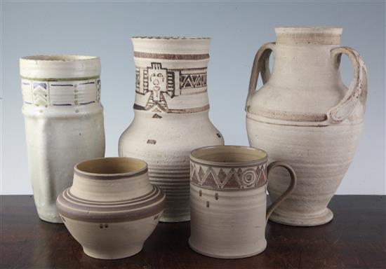 A Carter & Co unglazed Etruscan ware vase, a similar glazed vase, an Etruscan vase signed Carter and two Carter Stabler Adams pieces,